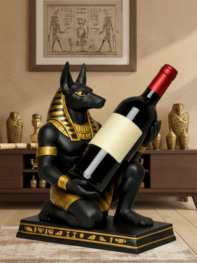 Egyptian Anubis themed wine bottle holder with decorative black and gold finish