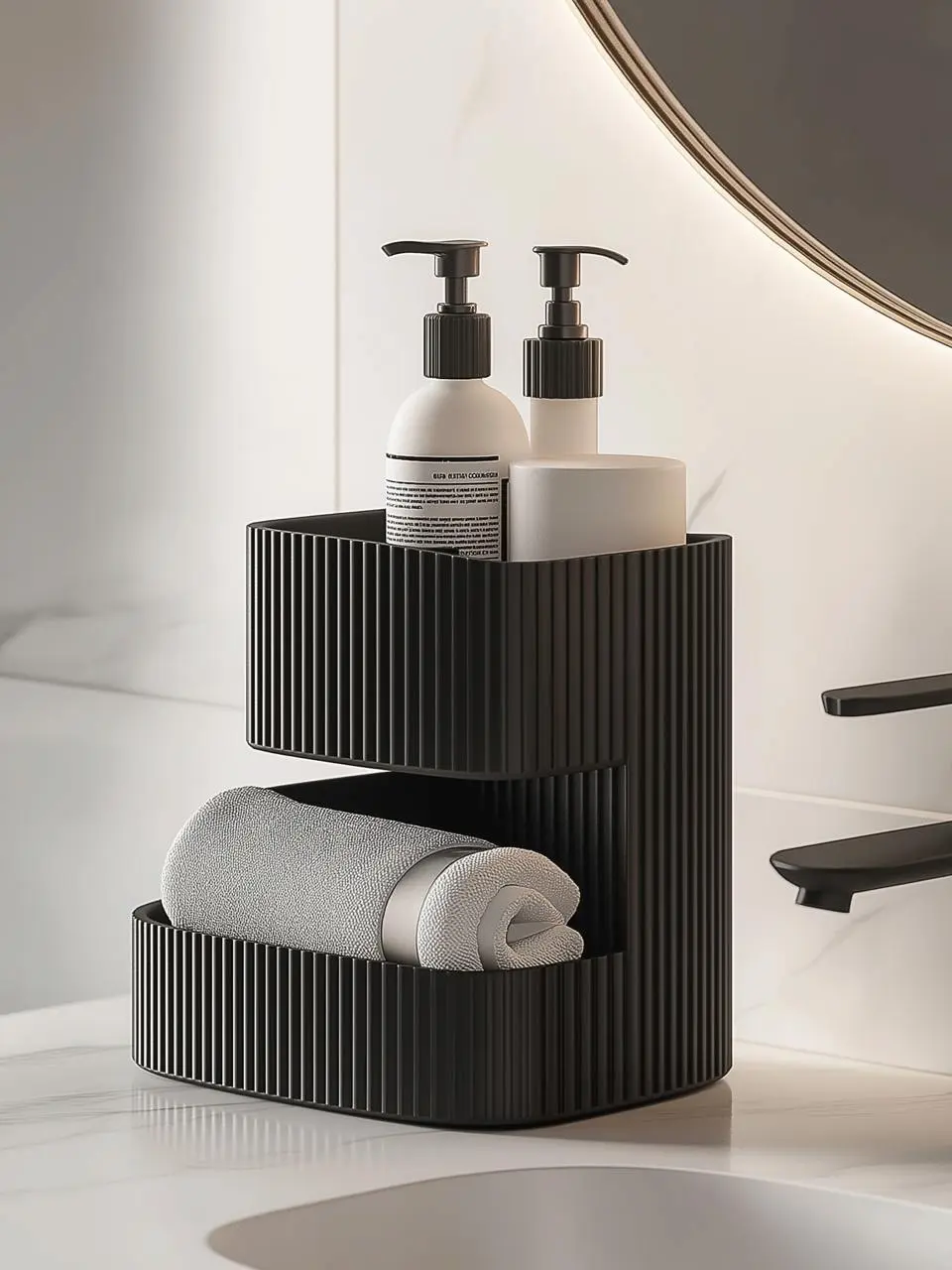 Modern 3D printed bathroom organizer for towels soap and toiletries