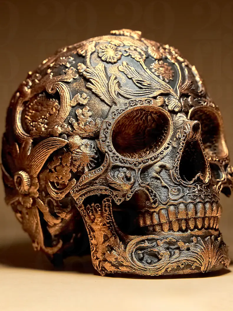 Gothic style decorative skull sculpture with intricate engraved artwork