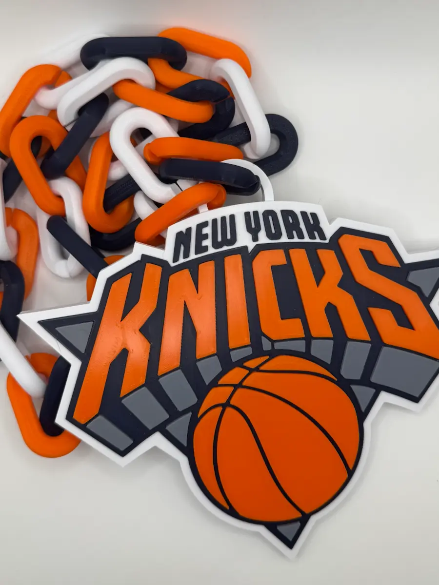 Custom 3D printed New York Knicks chain with orange blue and white links