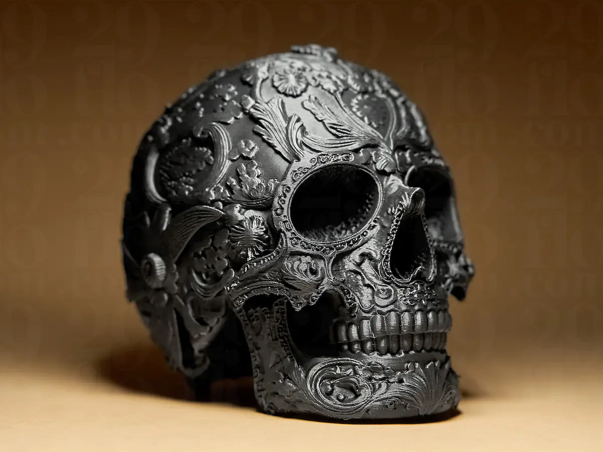 Side angle view of decorative 3D printed skull display sculpture