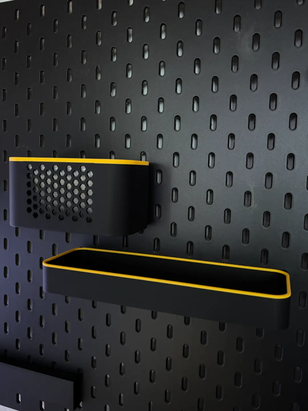 Wall mounted pegboard storage tray system with modular containers